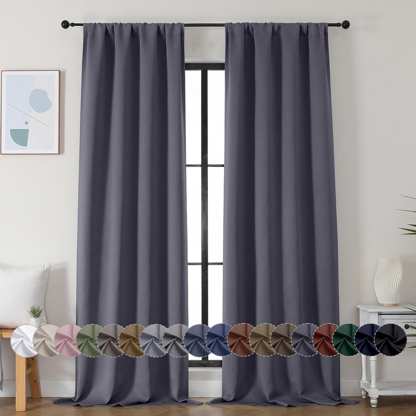Simplebrand Ava Grey Blackout Curtains for Bedroom 90 Inches Long 2 Panels Set, Solid Privacy Energy Saving Living Room Window Treatment Curtains Blackout Drapes, W40 x L90 Inch, Grey