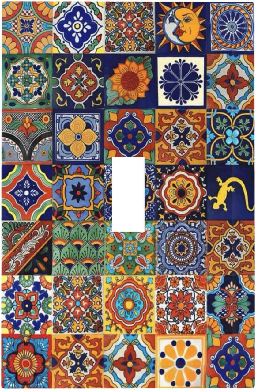 Talavera Mexican Tiles Traditional Color Decoration Print Decorative Light Switch Cover 1 Gang Single Toggle Device Electrical Faceplate Switchplates Decorator Outlet Wall Plate for Kitchen Bathroom
