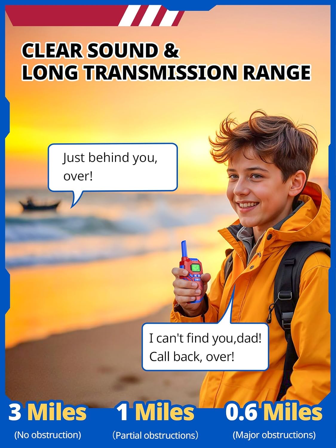 Walkie Talkies Toys for Kids Rechargeable, Long Range 2 Way Radio, Outdoor Beach Camping Road Trip Role Play Toys for 3 4 5 8-12 Year Old Boys Birthday Xmas Gift for Kids, 3 Pack