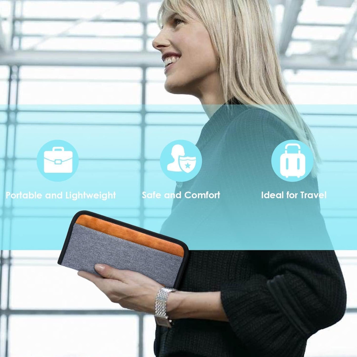 Real Leather Wallet RFID Family Passport Holder Waterproof Travel Essentials (Grey)