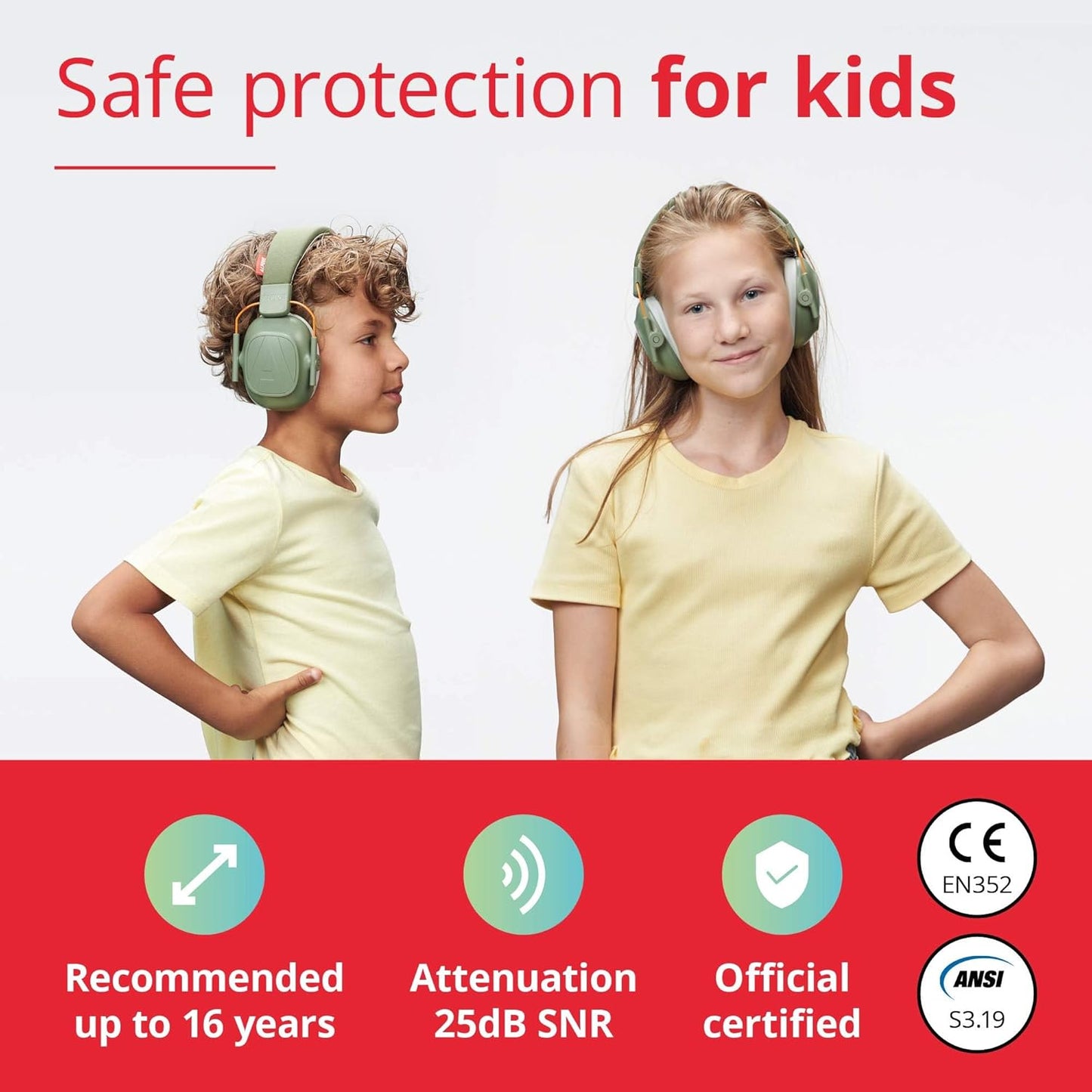 Alpine Muffy Kids - Hearing Protection - CE & ANSI Certified - Adjustable for Ages 3-16 years - Noise Cancelling Headphones - 25dB Sound Reduction Ideal for Protection and Concentration Aid – Green