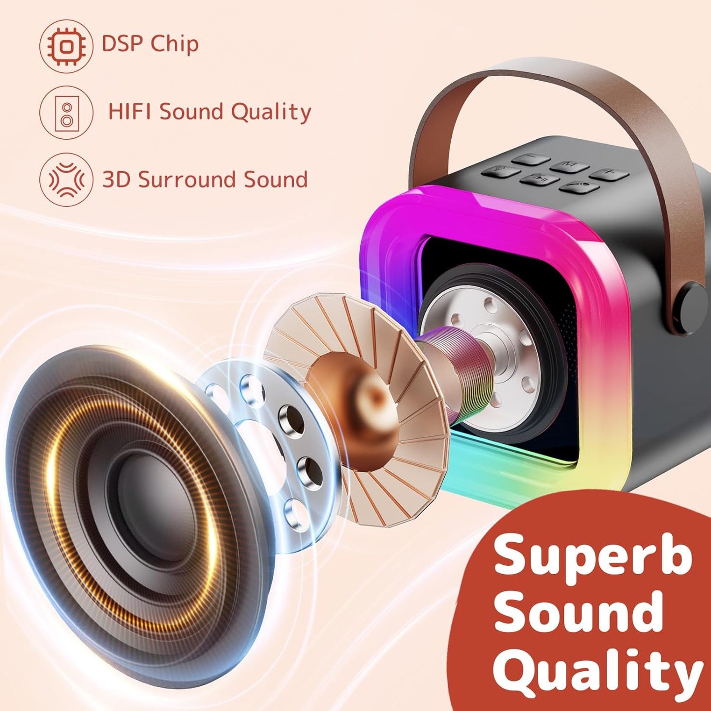 Fede Karaoke Machine for Kids Adults, Mini Karaoke Machine with 2 Wireless Microphones, Portable Bluetooth Speaker with Voice Changing Effects & LED Lights, Best Gifts Toys for Girls and Boys