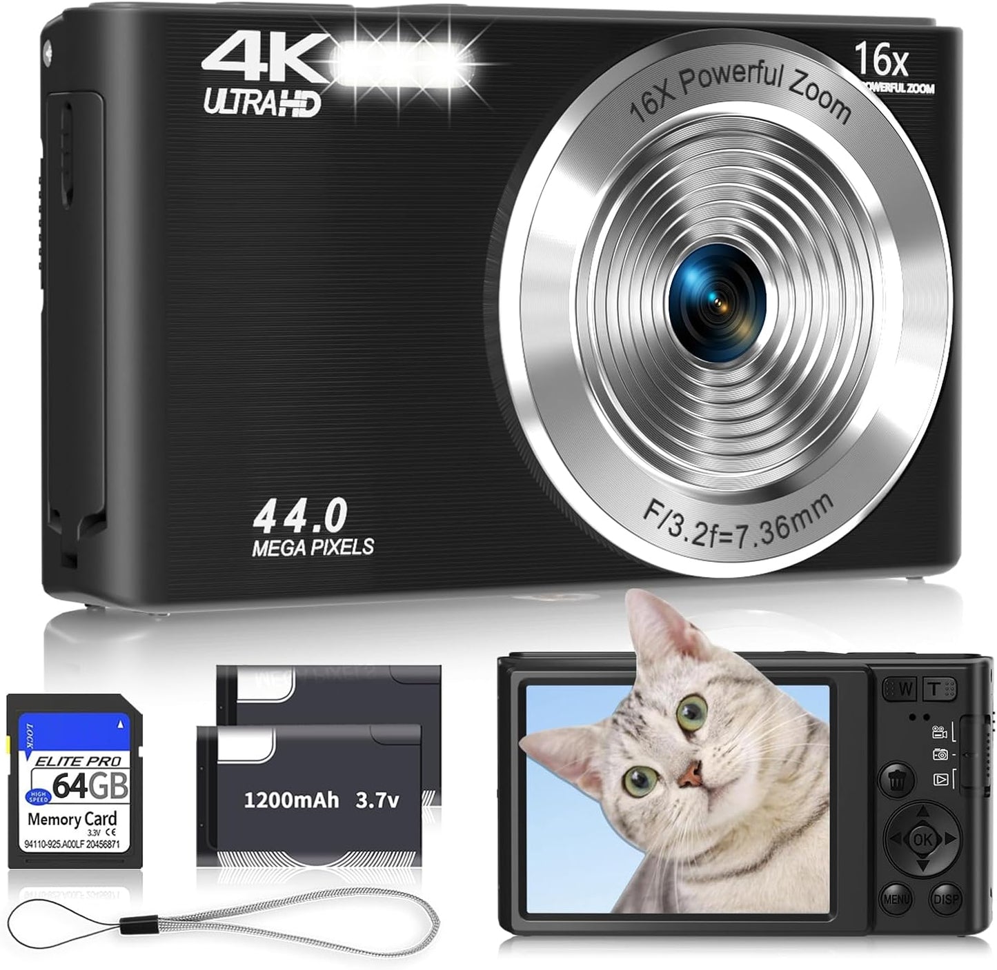 Digital Camera 4K, Upgrade Black Cameras for Teens, Autofocus Digital Point and Shoot Camera for Kids with 16X Zoom, 64GB SD Card, Compact Small Camera for Boys Girls Teens Kids Gift