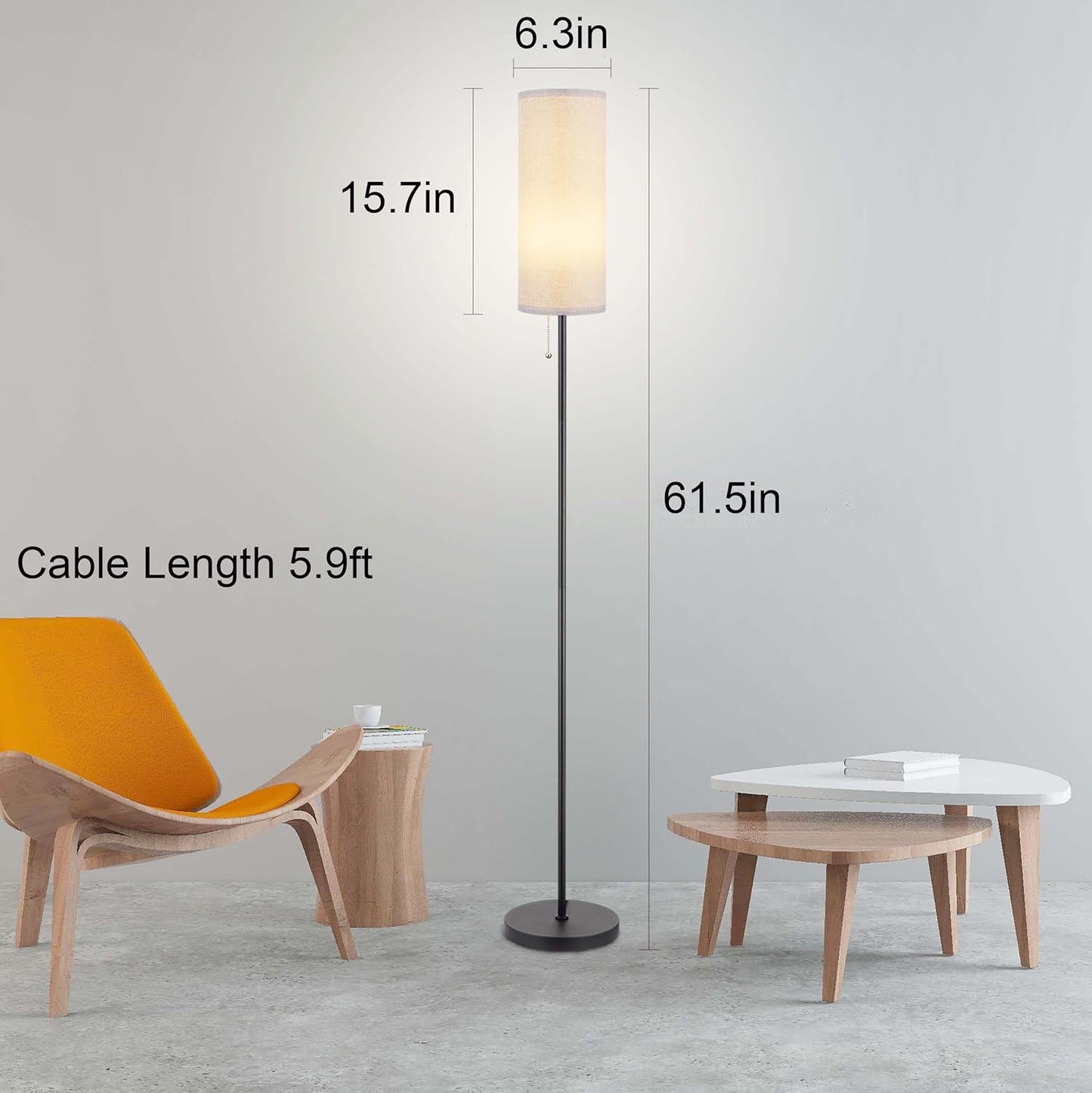 Floor Lamp for Living Room, Modern Standing Lamps with Lampshade, Minimalist Tall Lamp with Chain Switch for Living Room, LED Bulb Included (Gray Shade)