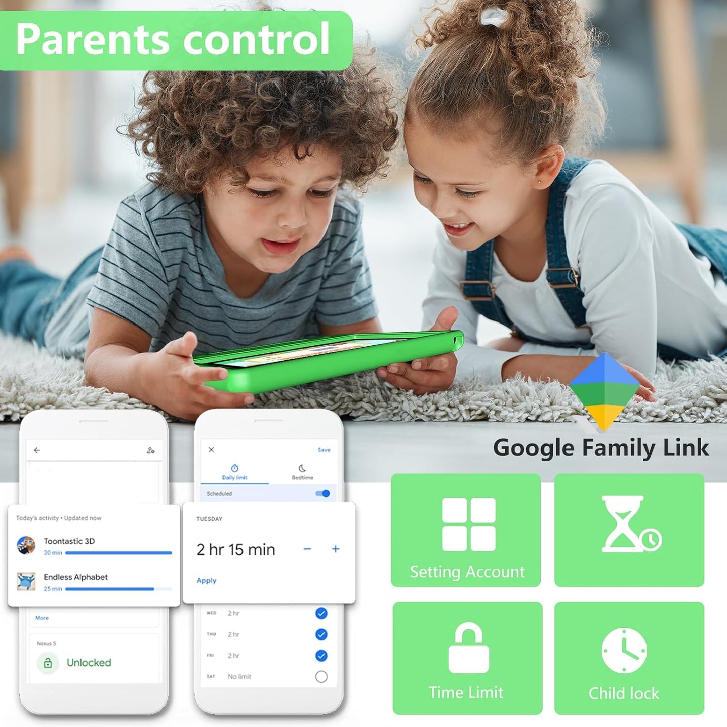 Tablet for Kids Age 3-12 10.1 inch Android 14 6000mAh 8GB RAM+64GB ROM Expandable to 1TB Kids Tablets WiFi6 Google Kids Space Parental Control 1280 * 800 HD Screen - Green
