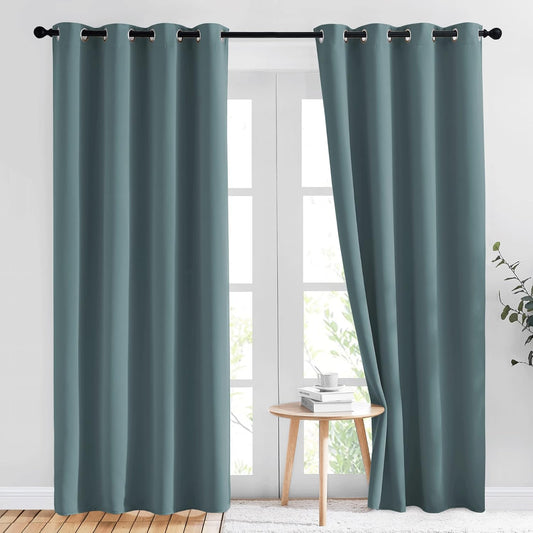 NICETOWN Blackout Greyish Blue Curtains & Drapes for Living Room - Thermal Insulated Solid Grommet Sound Reducing Energy Saving Window Treatments for Porch/Hall, 2 Panels, W52 x L84
