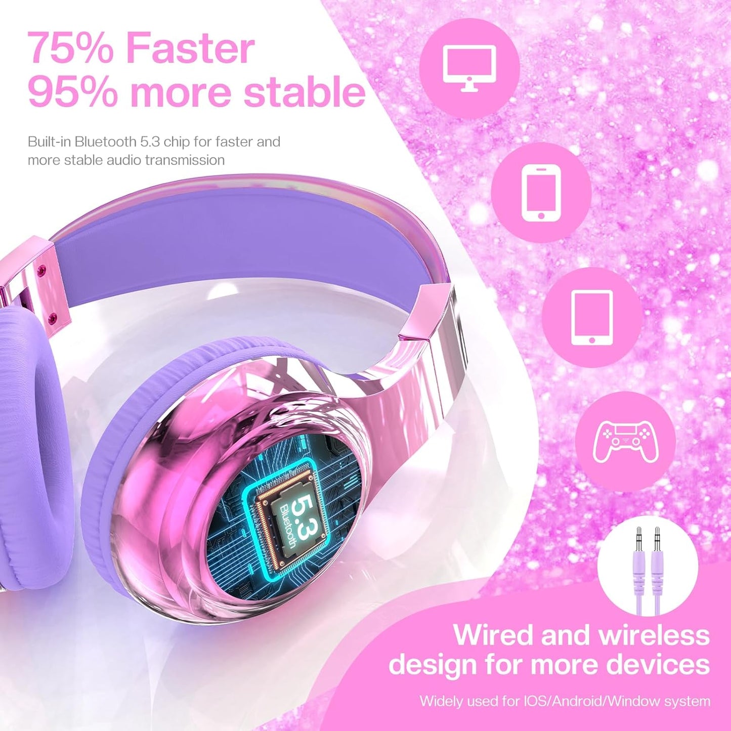 QearFun Kids Bluetooth 5.3 Headphones, Wireless Metallic Gradient Headset, Lightweight Foldable On Ear Headphones with Aux Cord, Fast Charging, Built-in Mic, for School/Travel/Tablet/iPad
