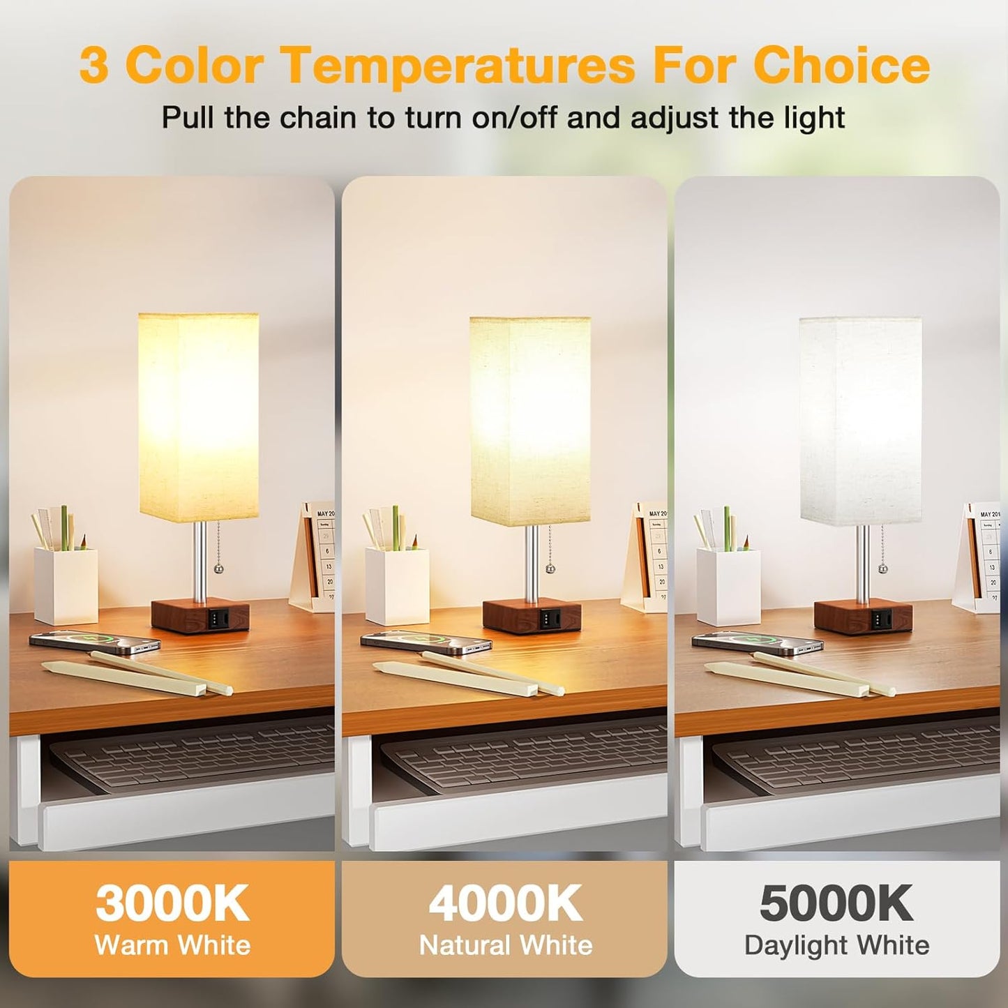 aooshine Red Brown Small Table Lamp for Bedroom - 3 Color Temperature 3000K 5000K 4000K Bedside Lamp, Pull Chain Control, USB A and C Ports, Pure Gold Color Base, Bulb Included