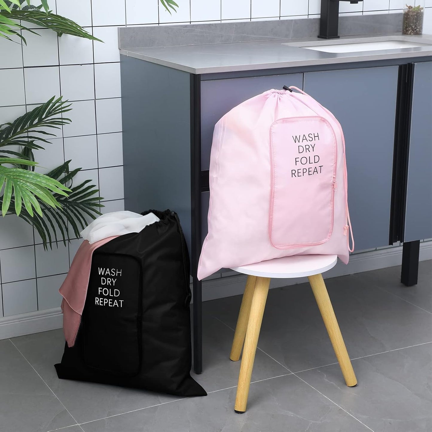 2 Pcs Travel Laundry Bag Washable Dirty Clothes Bag with Drawstring and Zipper for Suitcase, 22 x 18 Inch (Pink, Black,Classic)