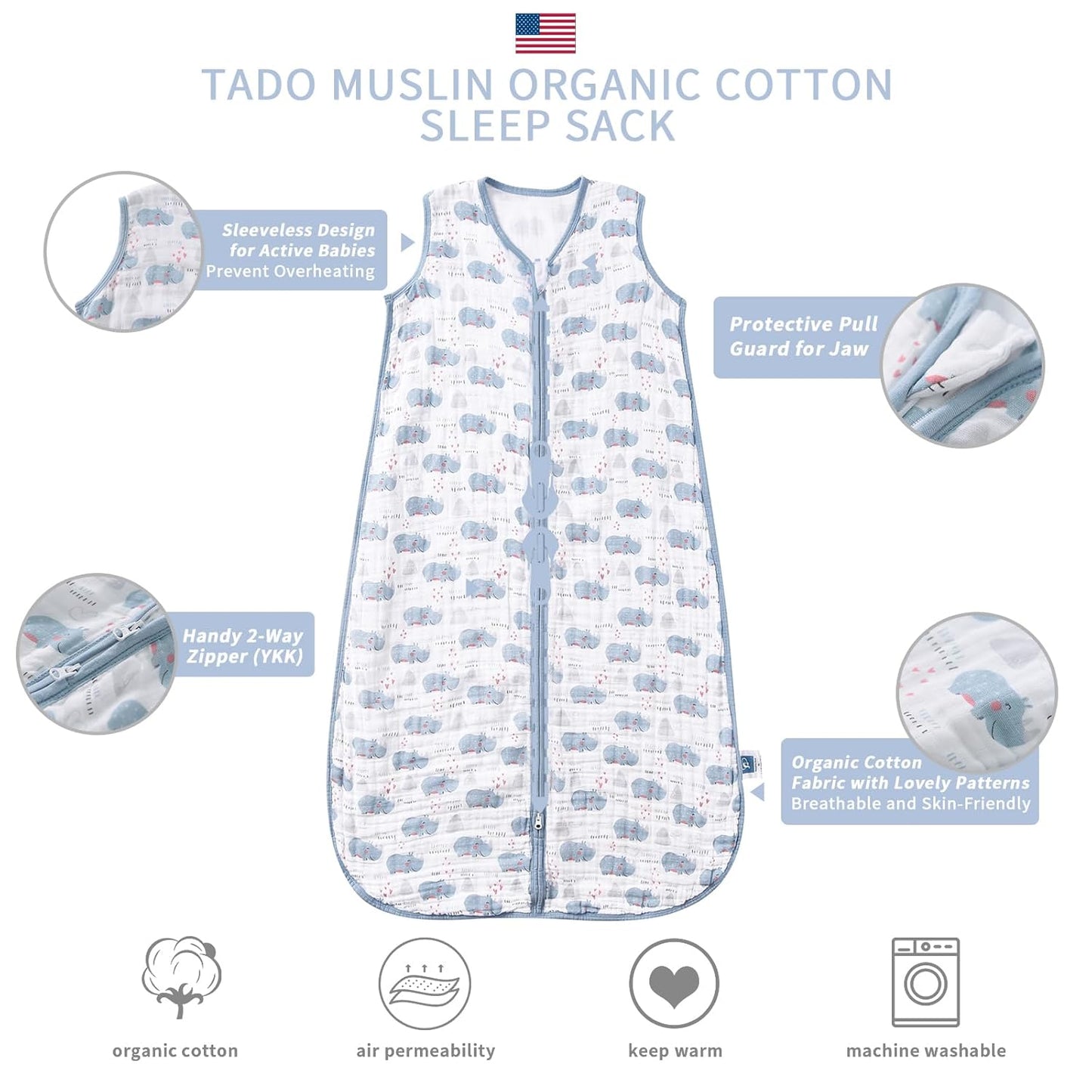 Baby Sleep Sack 2-4 T Boys & Girls Wearable Blanket 100% Organic Cotton 0.5 TOG Toddler Sleeping Sack 2- Way Zipper X-Large