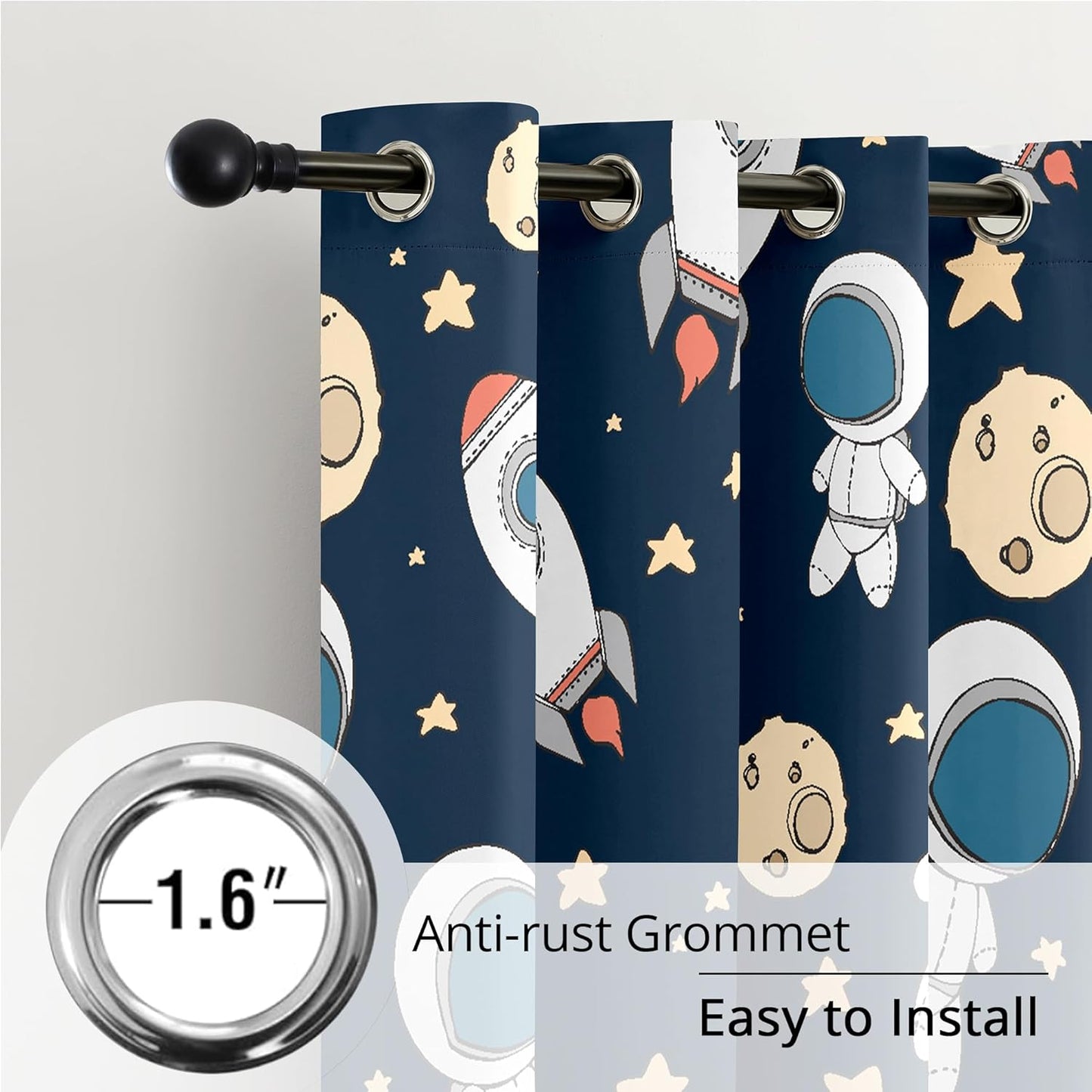 Kids Space Astronaut Planets Rockets Blackout Curtains - 100% Blackout, Thermal Insulated, Noise Reducing, for Kids Room and Nursery, 2 Panels (Astro Buddy Rockets, W52×L84)