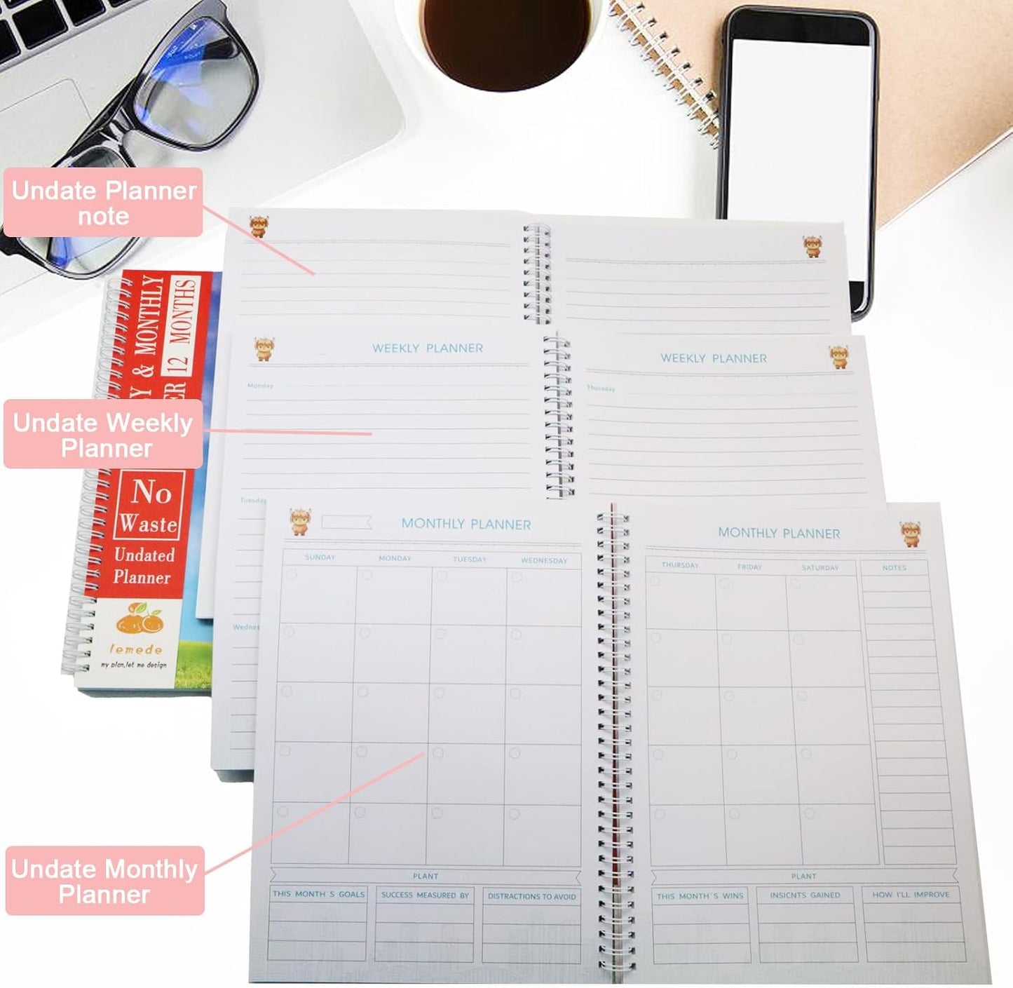 A4 Large Undated Weekly and Monthly Planner, 12 Months No Waste Handwritten Date Weekly To Do List Notebook with Goal & Organizer Pocket, 8.5" x 11" Blank Monthly Planner for Women Work School Home