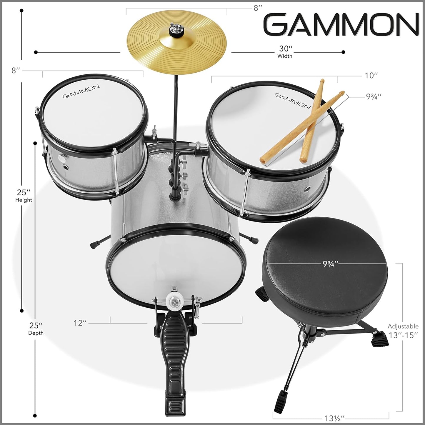 Gammon 3-Piece Junior Drum Set with Throne - Silver, Complete Beginner Kit with Bass Drum, Toms, Cymbal, Pedal, and Drumsticks