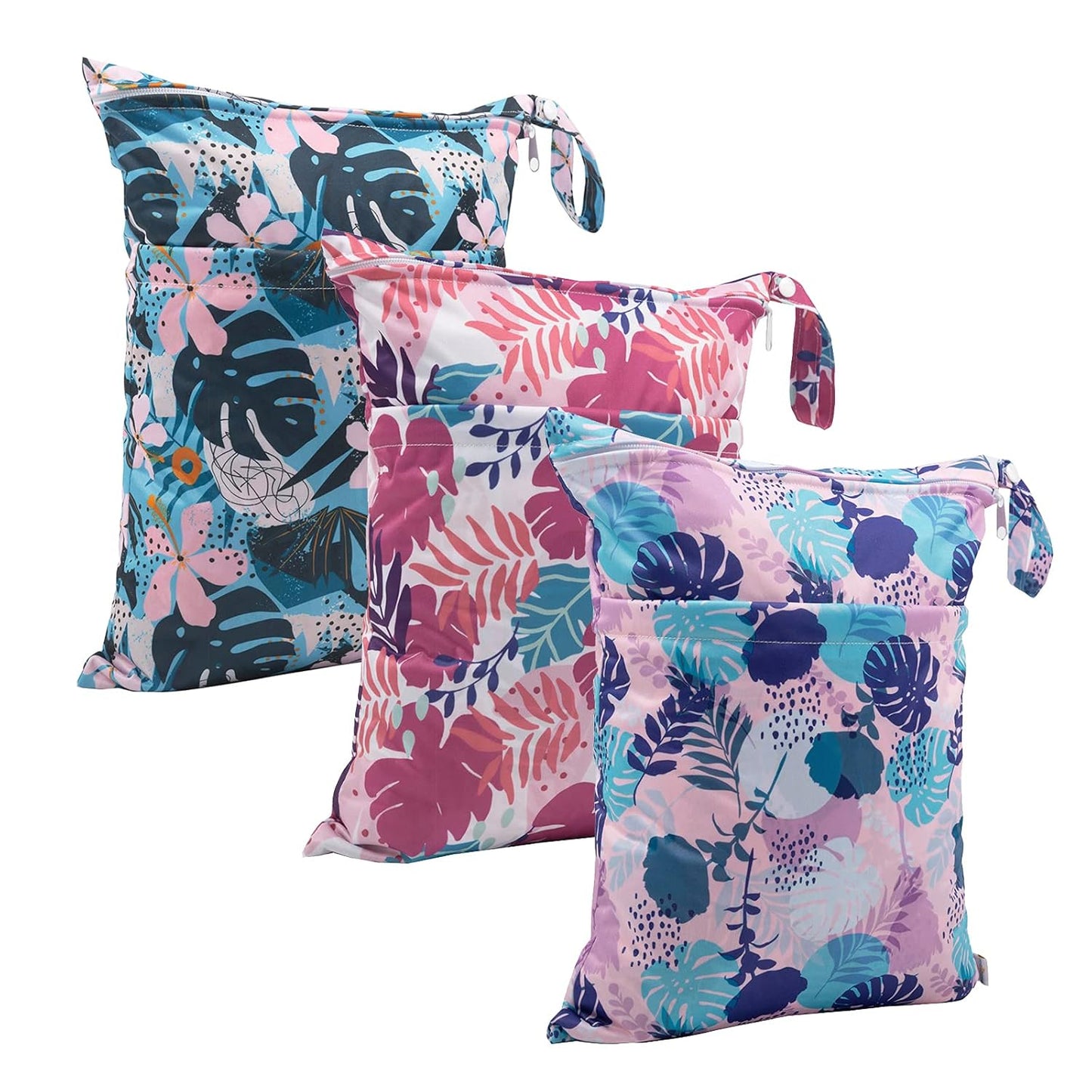 babygoal Wet Dry Bags for Baby Cloth Diapers, Washable Travel Bags, Beach, Pool, Gym Bag for Swimsuits & Wet Clothes with Two Zippered Pockets 3 Pack, 3LN19