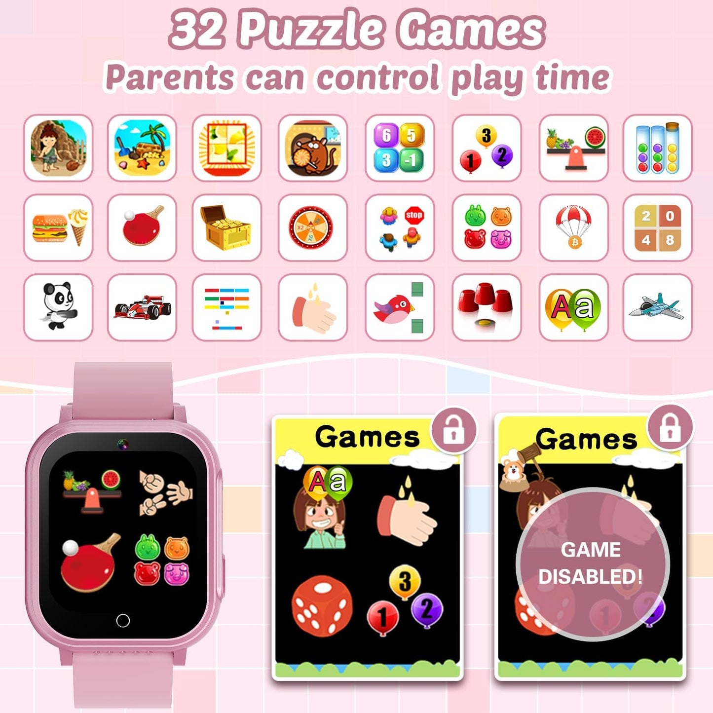 Waterproof Smart Watch for Kids Gift for Girls Age 5-12 with 32 Games, Dual Camera, Habit Tracking, Music Player, Video, Alarm Clock, HD Touchscreen Kids Smart Watch Birthday Toys for 3-12 Year Old