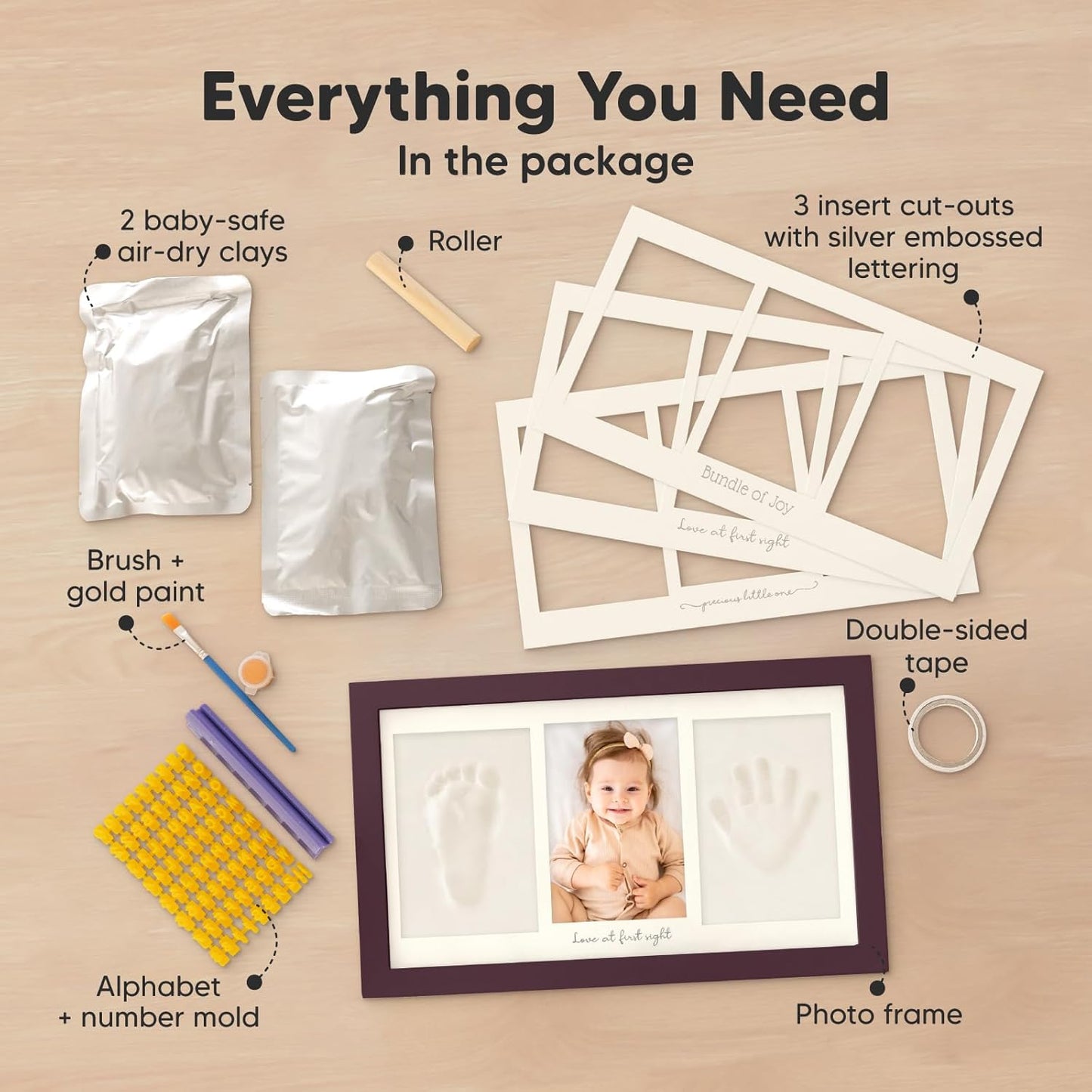 Baby Hand and Footprint Kit - Clay Handprint Keepsake Frame, Newborn Nursery Picture Frame, Personalized New Mom Gifts for Baby Shower & Registry (Auburn)