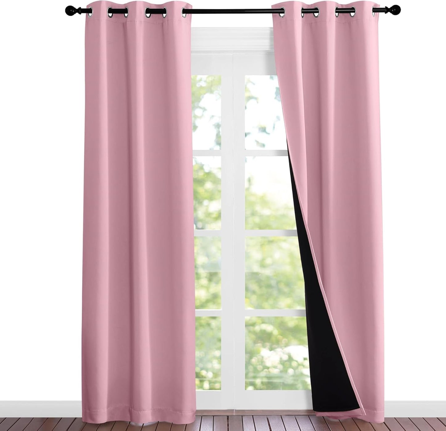 NICETOWN 100% Blackout Short Curtains with Black Liners, Solid Thermal Insulated Full Blackout 2-Layer Lined Drapes, Energy Efficiency Window Drapes for Bedroom (2 Panels, 37"W by 84"L, Crystal Pink)