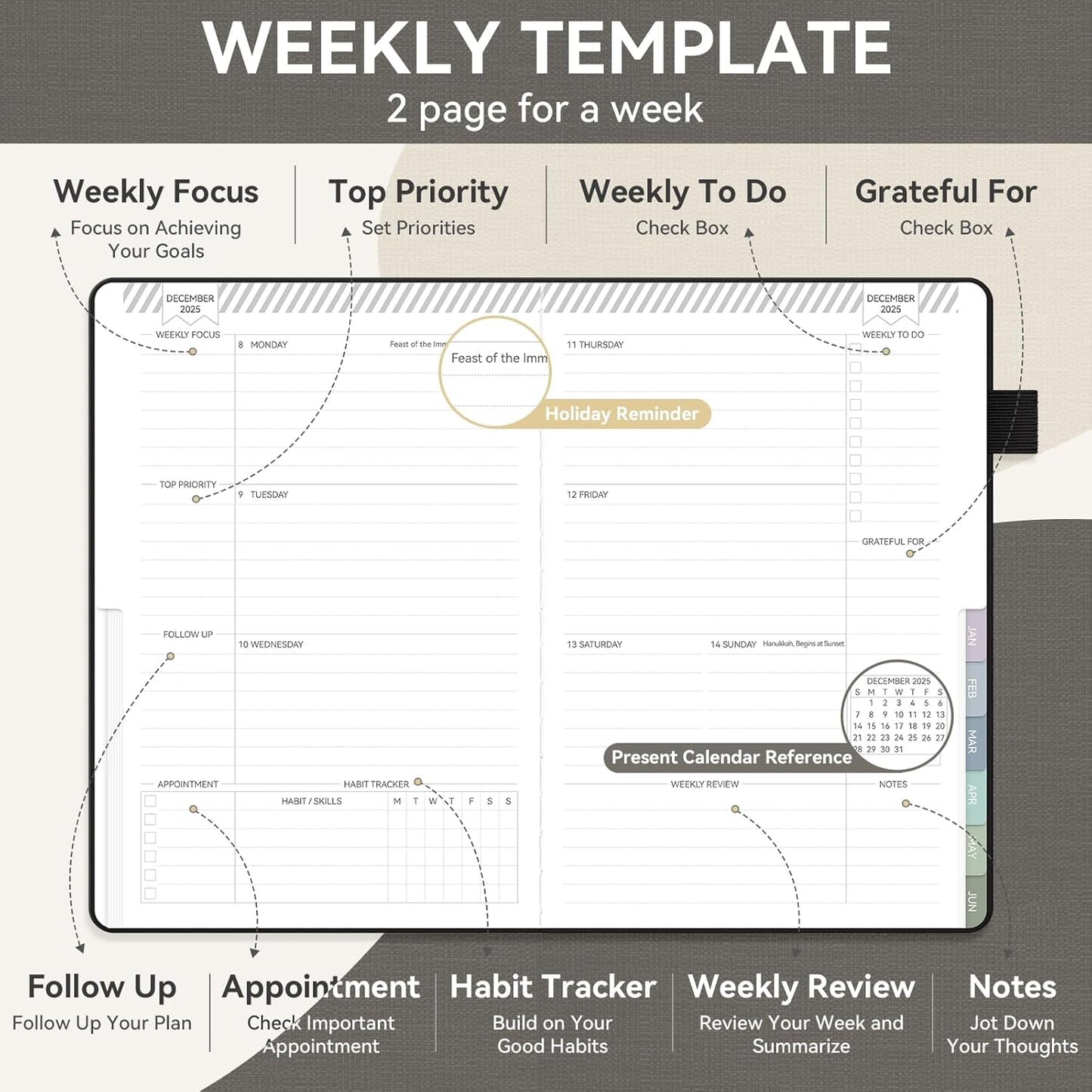 Getink 2025-2026 Linen cover Planner Weekly & Monthly Daily Agenda Book,2025-2026 To Do List Notebook with Colorful Monthly Tabs, Inner Pocket, Elastic Closure (Black,5.5 * 8.5)