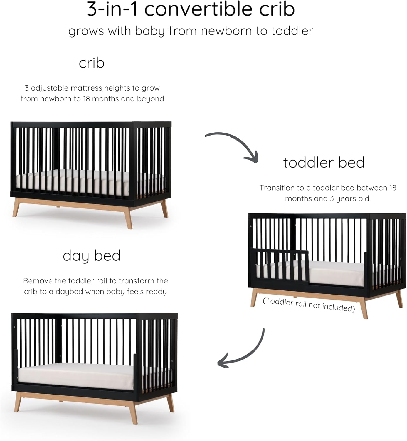 dadada Baby Soho 3-in-1 Convertible Wooden Crib to Toddler Bed - Made in Italy, GREENGUARD Gold Certified, Baby-Safe Finish, Sustainable Beech Wood, Modern Design, 3 Adjustable Heights (Black/Natural)