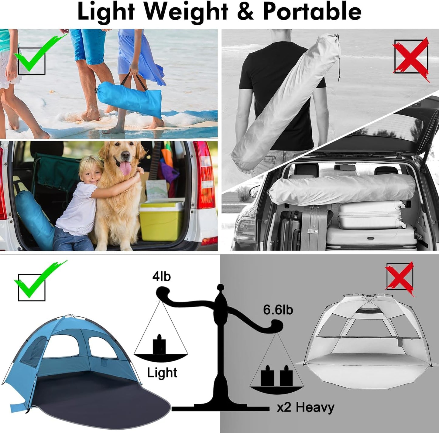 WhiteFang Beach Tent Anti-UV Portable Sun Shade Shelter for 3/4/6/8 Person, Extendable Floor with 3 Ventilating Mesh Windows Plus Carrying Bag, Stakes and Guy Lines