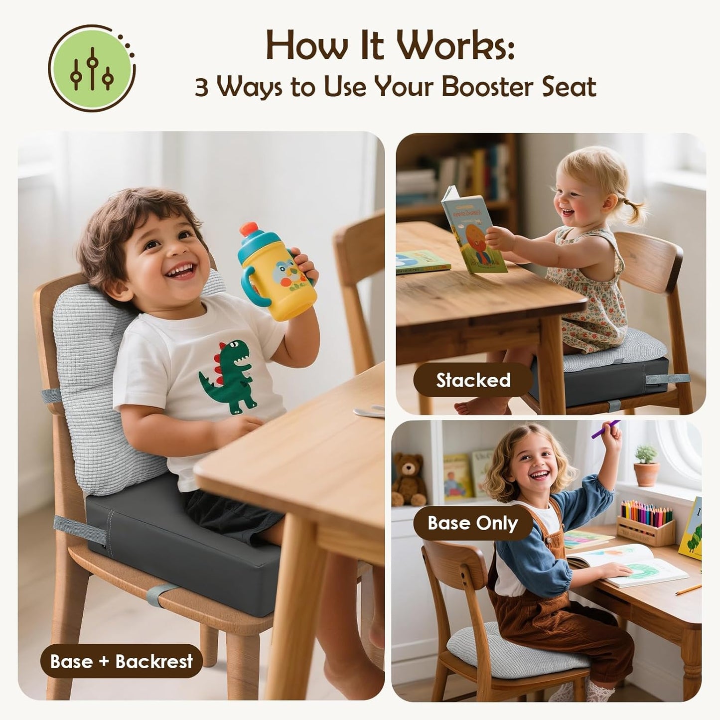 Booster Seat for Kitchen Chair with Comfy Backrest and Adjustable Safety Buckles,Non-Slip Kid Toddler Booster Seat for Dining Table,Portable PU Travel Baby Booster Increasing Cushion Chair