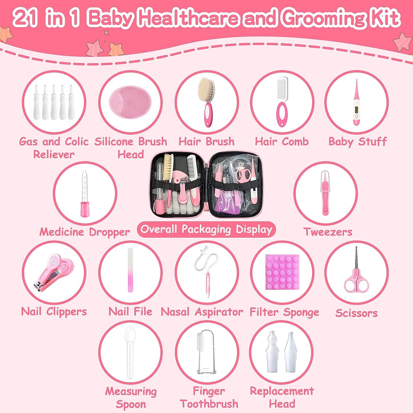 Baby Healthcare and Grooming Kit, 21 in 1 Portable Baby Essentials Kit with Gas Relief Hair Brush Comb Nasal Aspirator for Newborn Boys Girls (Pink)