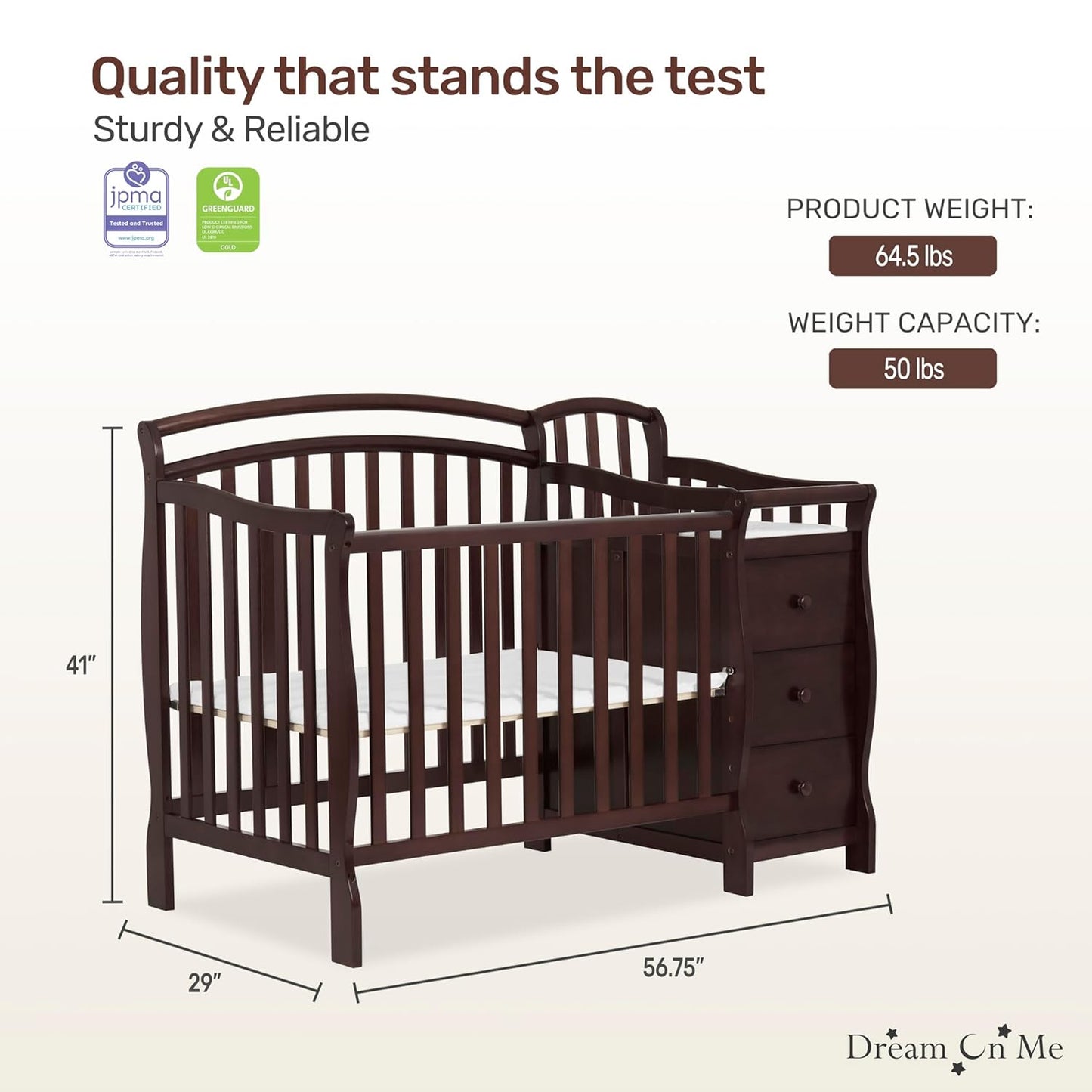 Dream On Me Casco 3-in-1 Mini Convertible Baby Crib & Changer with Storage in Espresso, Pinewood, GreenGuard Gold & JPMA, 1” Mattress Pad, 3 Mattress Heights, Converts to Mini Day & Twin-Size Bed
