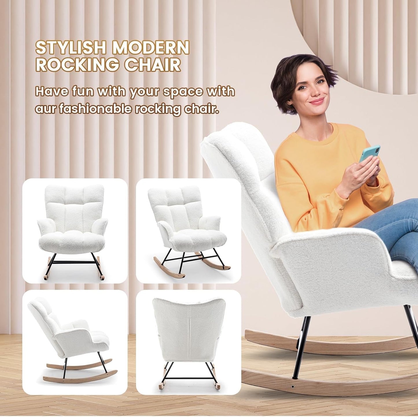 Rocking Chair Nursery Teddy Upholstered Glider Rocker Rocking Accent Chair Padded Seat with High Backrest Armchair Comfy Side Chair for Living Room Bedroom Offices (White Teddy)