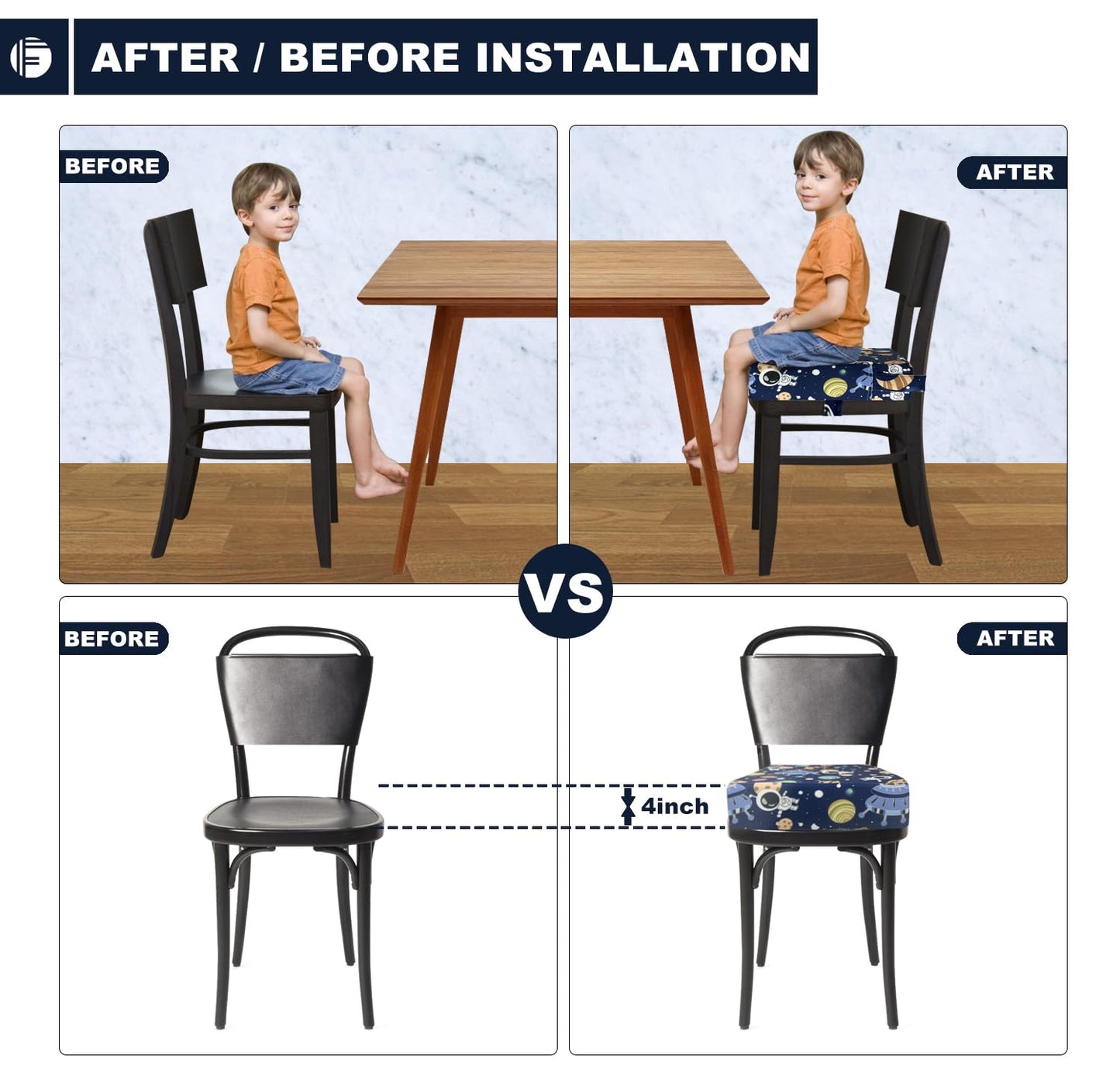 Toddler Booster Seat for Dining Table, Portable Booster Seat for Kitchen Chair, 4 Inch High-Density Foam Cushion with Adjustable Safety Straps and Non-Slip Bottom, Perfect for Kids Travel and Daily