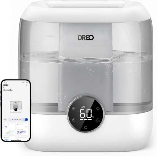 Dreo Smart Humidifiers for Bedroom, 6L Top Fill Supersized Cool Mist Humidifier for Large Room, 60 Hour Runtime, Quiet Ultrasonic Humidifiers for Plants, Baby, Nursery, Indoor, Home, Night Light, Gray