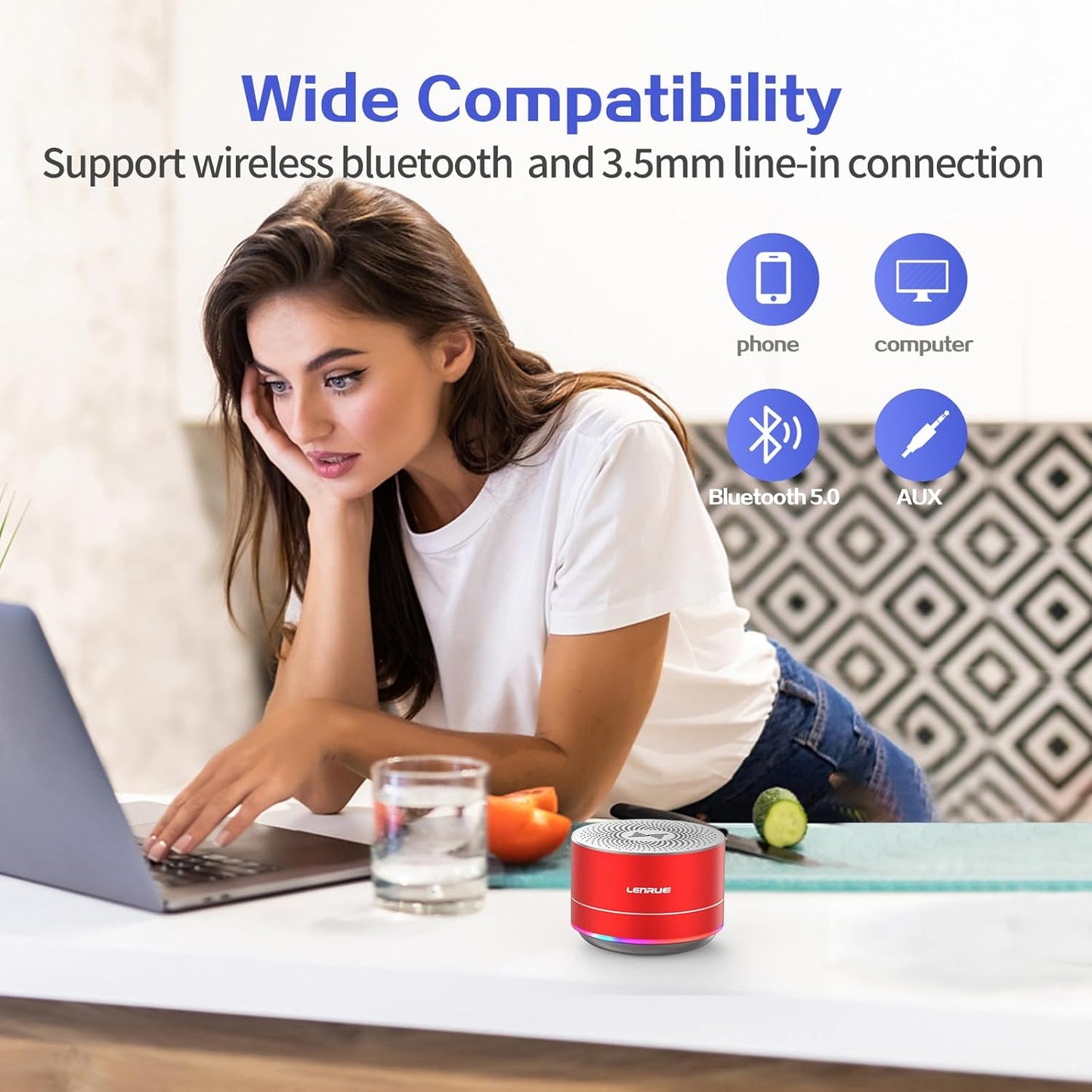 LENRUE A2 Portable Wireless Bluetooth Speaker with Lights and Lanyard,5W Mini Small Metal Speakers Bluetooth 5.0/Aux-in for iPhone Android Home Outdoor,Gift for Women/Girls