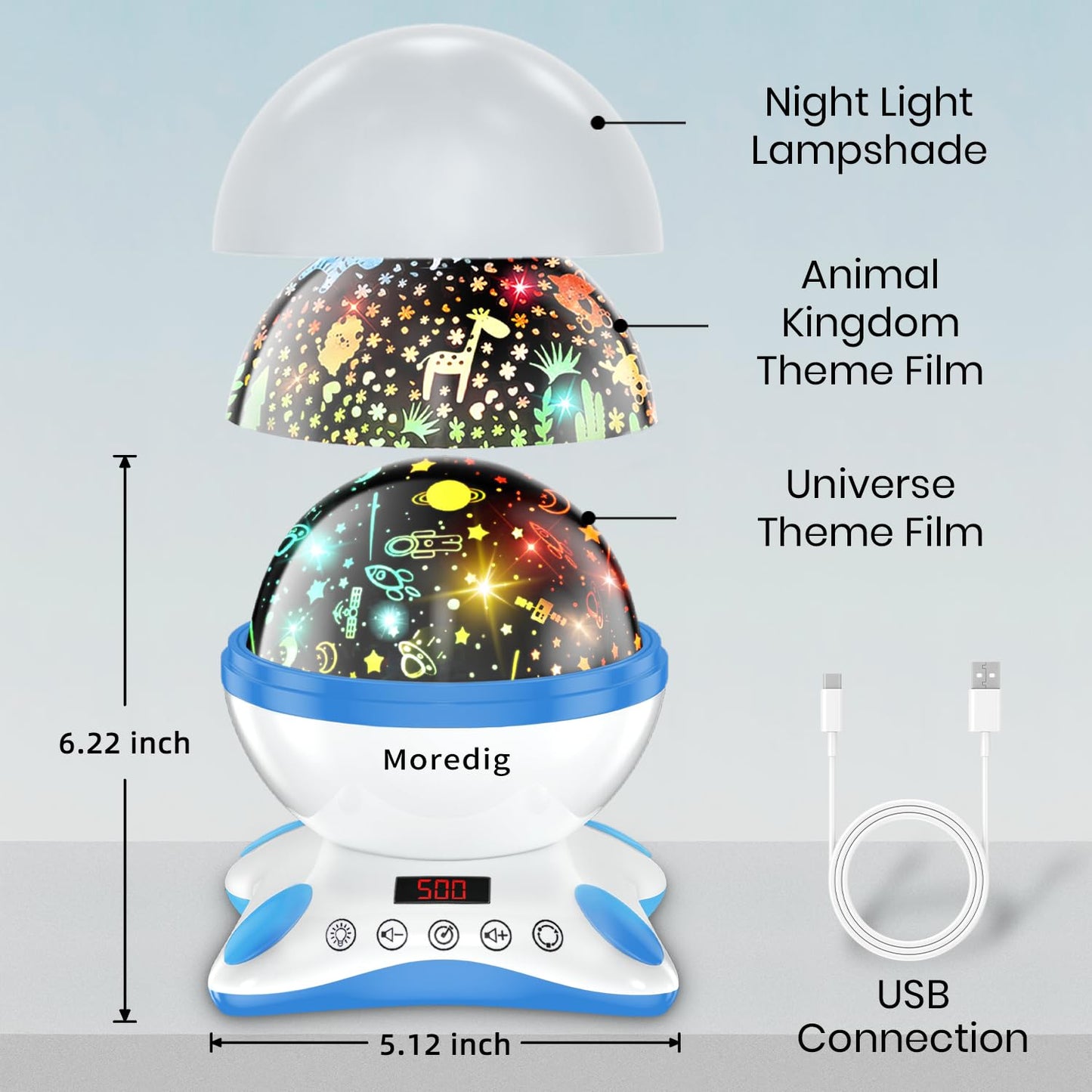 Moredig Kids Night Light Projector, Remote Baby Night Lights for Kids Room with 12 Music Nursery Night Light Projector for Kids Timer 2 Projections 18 Light Modes, Gifts for Baby Kids-Blue