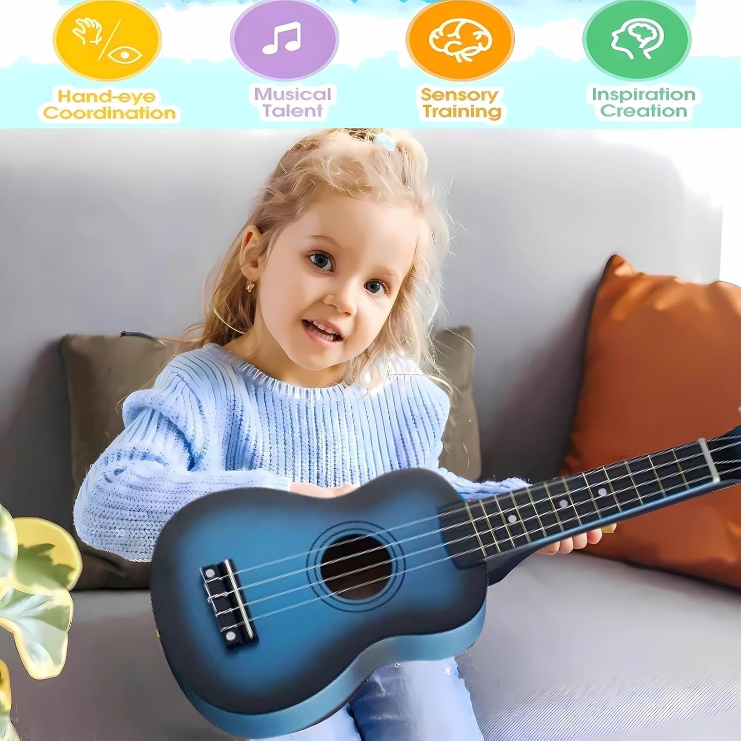 Kids Child Children Wooden Acoustic Guitar Ukulele 21 Inch 4 String Musical Instruments Perfect For Beginner (Blue)