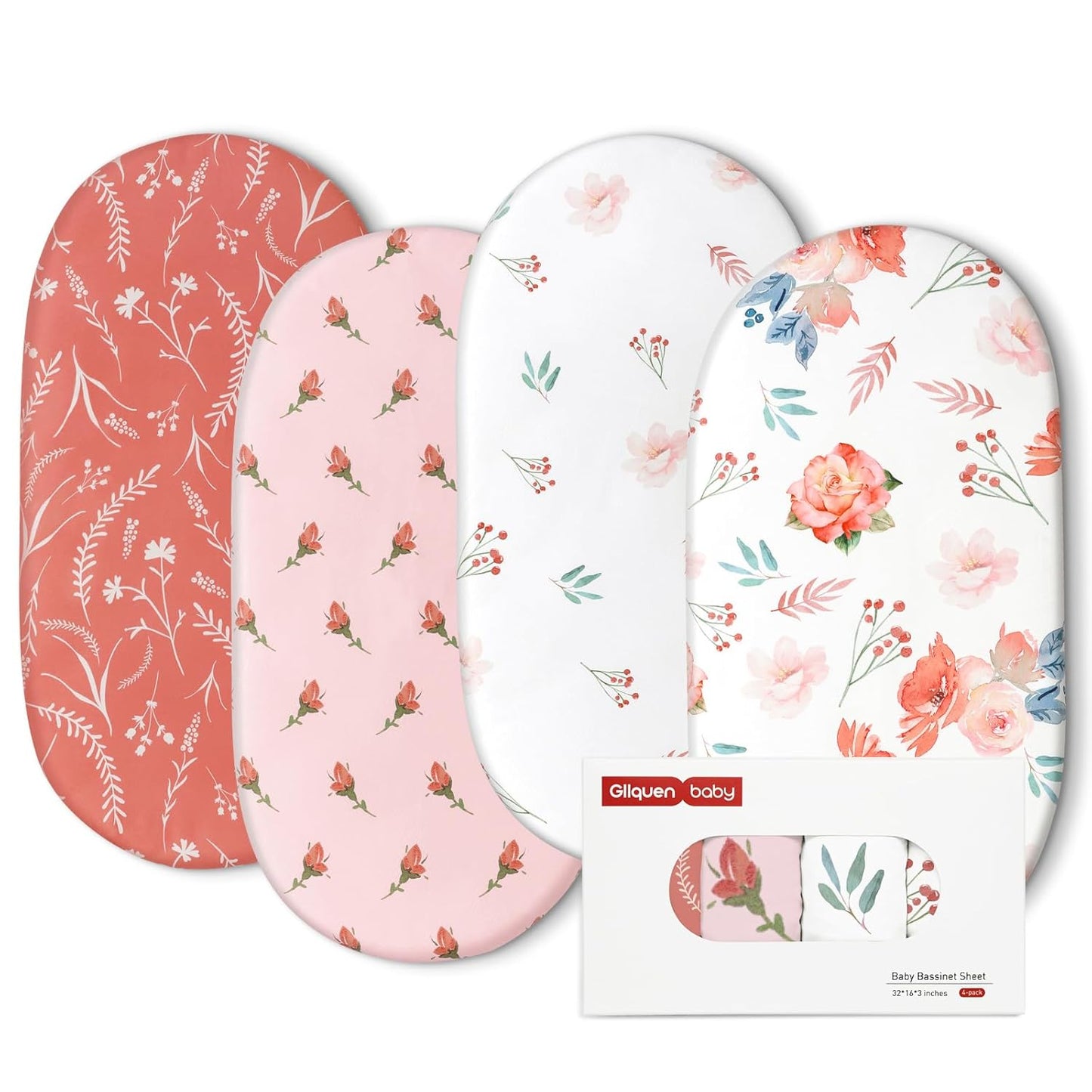 Gllquen Baby Bassinet Sheets 4 Pack, Breathable Cozy Fitted Mattress Sheet, Elastic Travel Crib Fashionable Floral Pattern, Standard Cradle Safe Sheets for Baby Boys Girls 32"x16" (Flower)