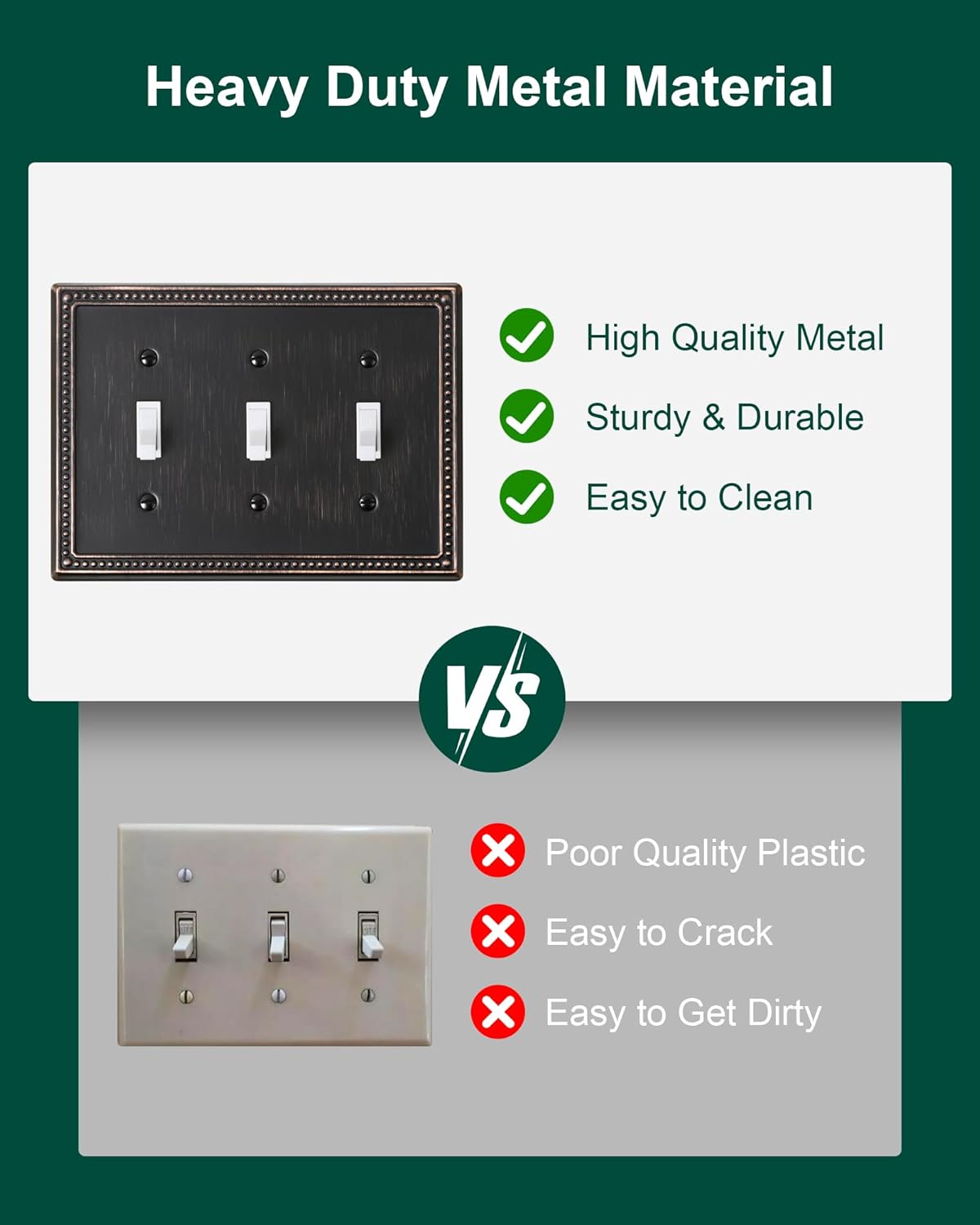 2-Pack Triple Toggle Light Switch Cover Plate, Pearls Decorative Switch Plate Covers, Aged Bronze 3 Gang Metal Wall Plate, Corrosion Resistant