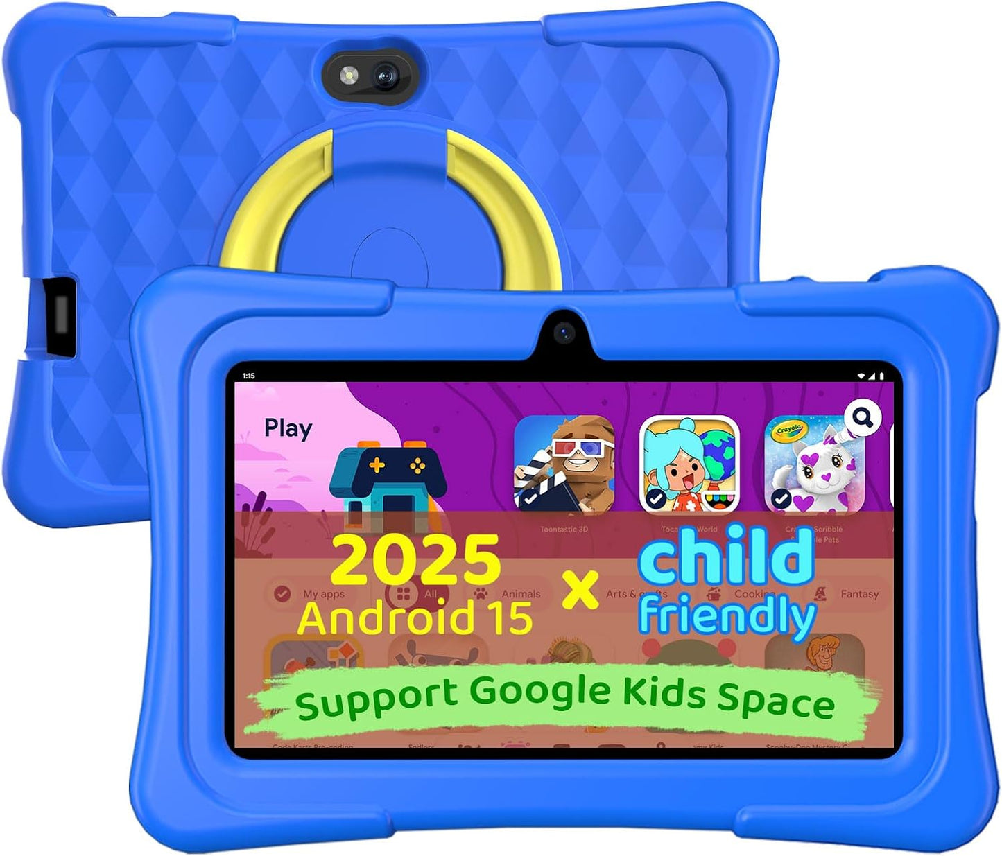 Kids Tablet, 7 inch Android 15 Tablet for Kids, 8GB+32GB 1TB Expand, Quad-Core Toddler Tablets with Shockproof Case, BT5.0, WiFi 5, Parental Control, Games, Dual Camera (Blue)