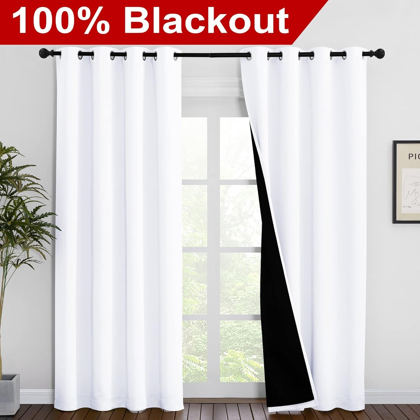 NICETOWN 100% Blackout Window Curtain Panels, Cold and Full Light Blocking Drapes with Black Liner for Nursery, 86 inches Drop Thermal Insulated Draperies (White, 2 Pieces, 55 inches Wide Each Panel)