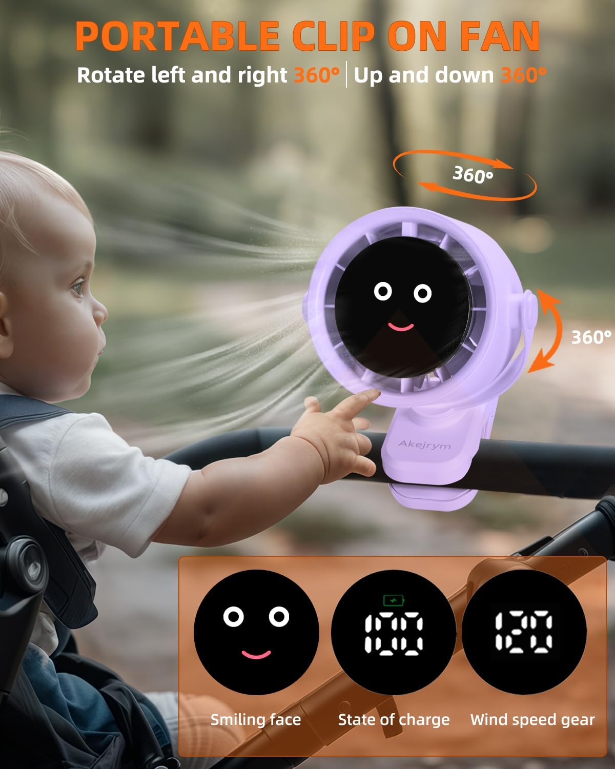 Clip on Fan for Bed, Portable Fan for Travel, Small Powerful 5 Speed Quiet 360° Rotate, Air Turbo Tech & Digital display, For Home Office Stroller Camping (Purple)