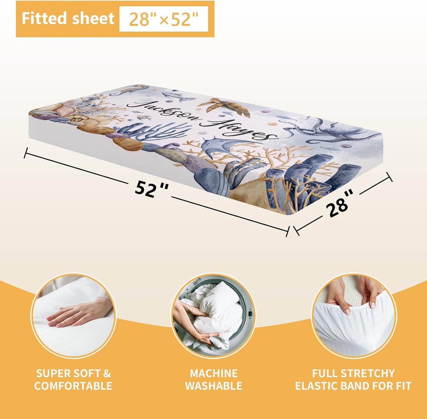 Custom Crib Bedding Set - 5 Pcs Customized Baby Crib Set with Name - Soft Double Layer Marine Animals Nursery Baby Bedding Set for Girls Boys - Personalized for Infant Toddler