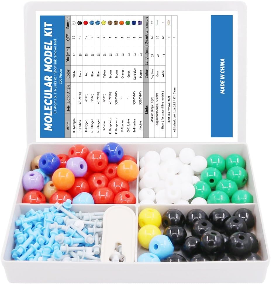 Swpeet 200 Pcs Molecular Model Kit for Organic and Inorganic Chemistry, Chemistry Molecular Model Student and Teacher Set - 83 Atoms & 116 Links & 1 Short Link Remover Tool