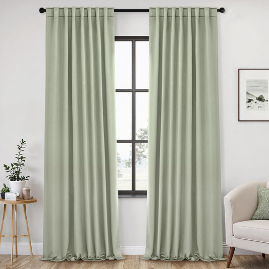 ANRODUO Back Tab Blackout Curtains for Bedroom Living Room, Rod Pocket Pinch Pleated Thermal Insulated Room Darkening Curtains 94 Inches Long 2 Panels, Sage Green, 42 x 94 Inch