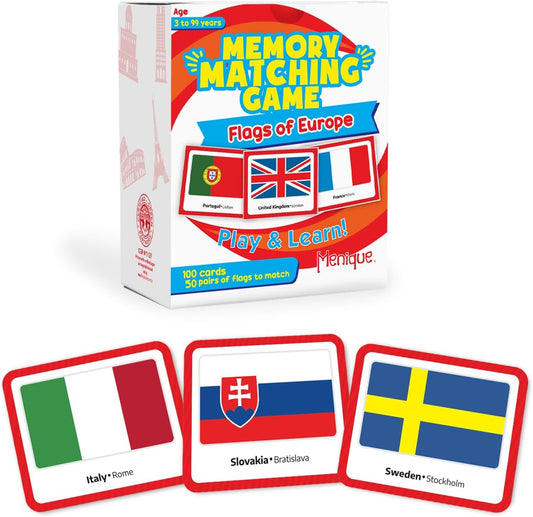 Menique Flags of Europe Memory Matching Game – 100 Cards (50 Pairs) with Flag, Country & Capital – Educational Geography Game for Kids and Adults