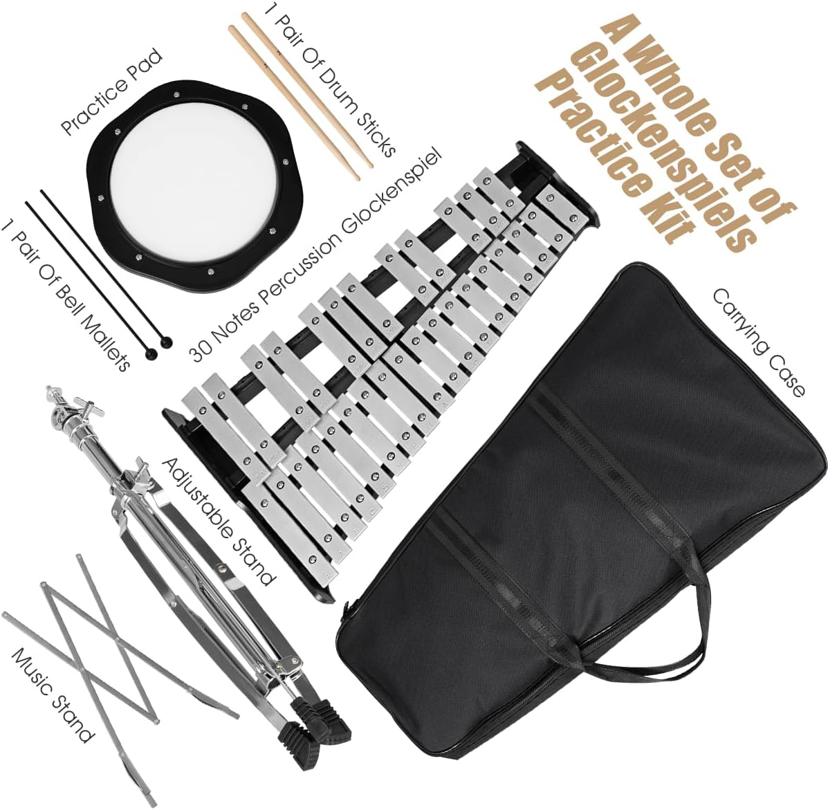 Giantex Percussion Glockenspiel Bell Kit 30 Notes, Xylophone with Adjustable Height Frame, Music Stand, 8" Practice Pad, Bell Mallets, Drumsticks, Carrying Bag, for School Band Beginner Student