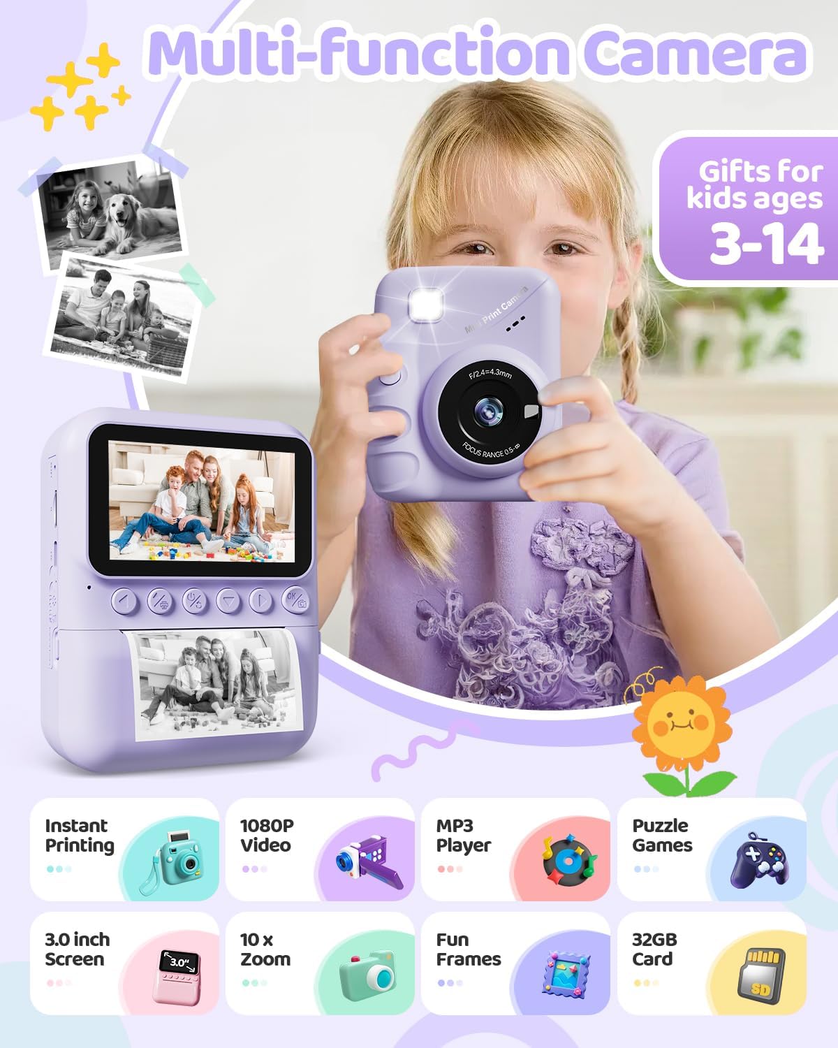 Kids Camera Instant Print for Girls Ages 3-14, 3-inch HD Screen Camera for Kids with Printing Paper, 1080P Digital Toddler Toys for 4 5 6 7 8 9 10 11 12 Years Old (Purple)