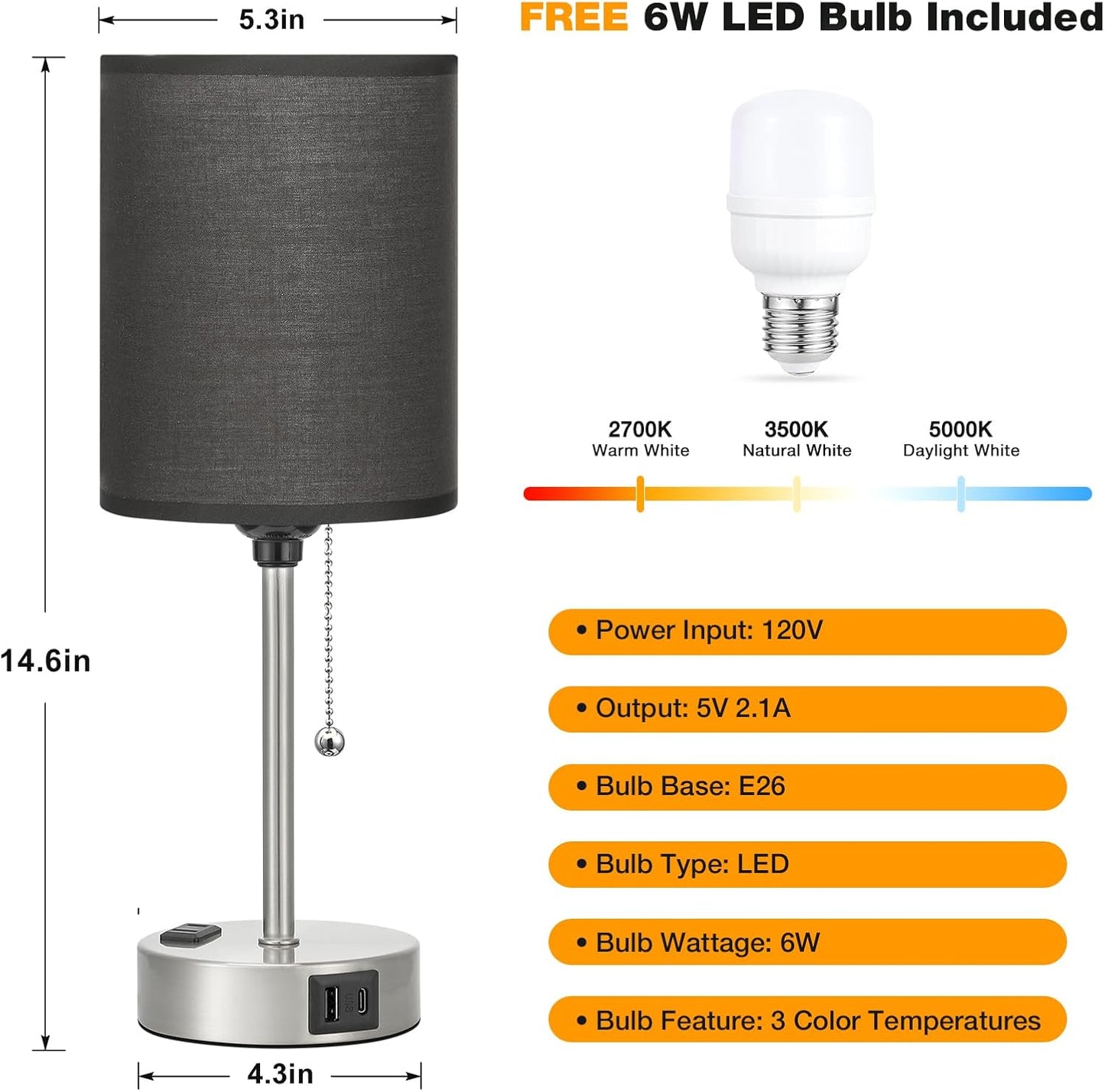 Black Table Lamp for Bedroom Nightstand - 3 Color Temperature Bedside Lamp with USB C and A Ports, Pull Chain Lamp for Bedroom with AC Outlet, Small Lamps Silver Metal Base for Kids Boys/Dorm Room