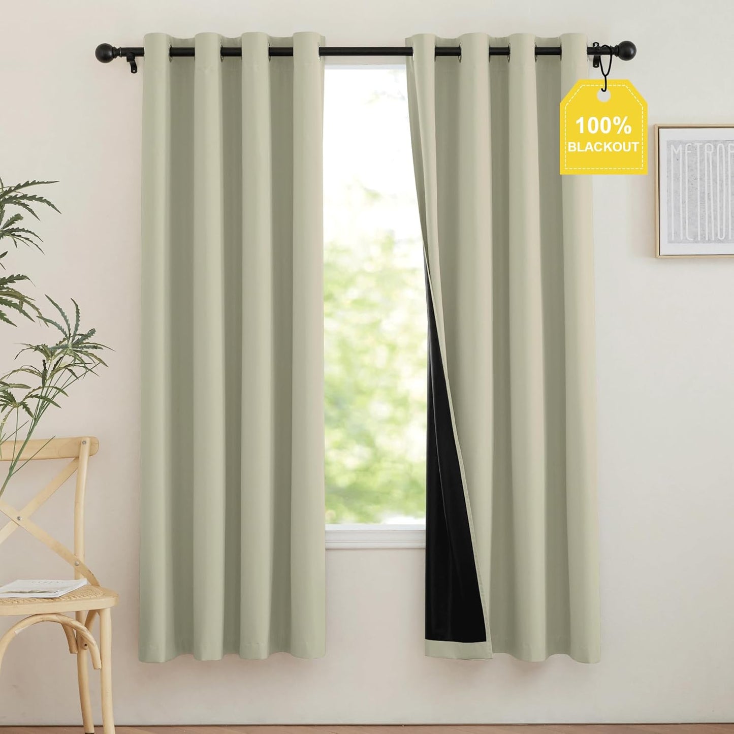 NICETOWN 100% Blackout Curtains for Living Room, Grommet Travel Blackout Curtains Lightweight Thermal Window Treatments Easy to Install for Bedroom, Muted Beige W52 x 72, 2 Panels