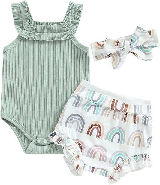 fhutpw Baby Girl Clothes Summer Cute Outfits 3 6 12 18 Months Spaghetti Strap Romper & Floarl Shorts Sets