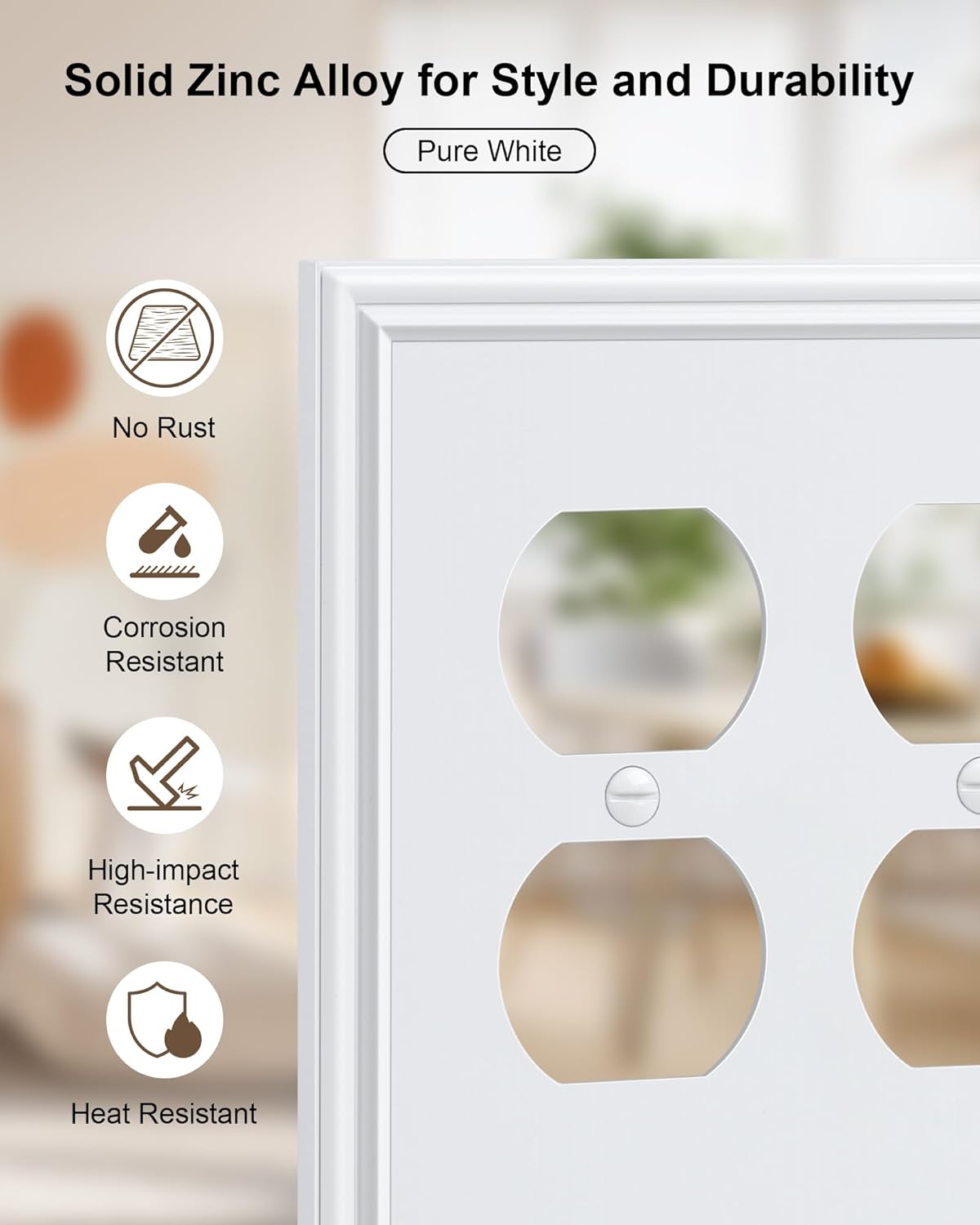 2-Pack Double Duplex Outlet Cover, Pure White Decorative Switch Plates and Outlet Covers for Electrical Outlets, Durable Zinc Alloy Wall Plates, 2 Gang Receptacle Cover, Corrosion Resistant