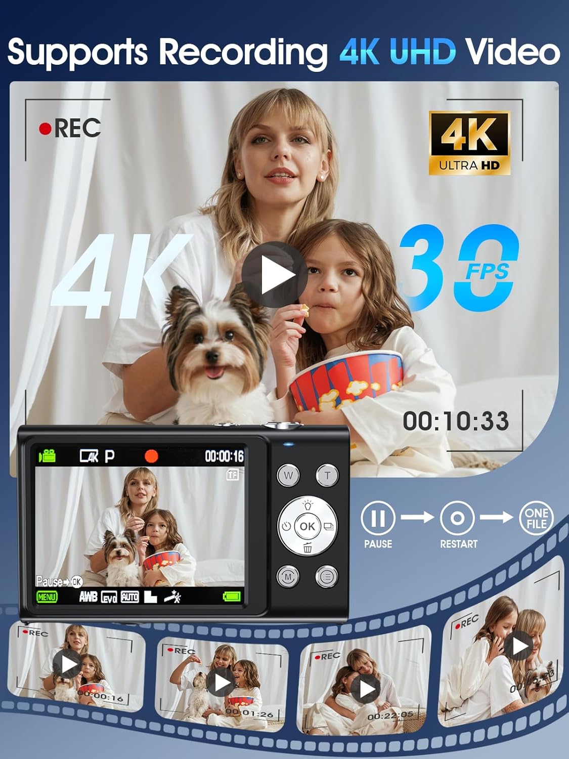 Digital Camera,Autofocus 4K Vlogging Camera for Photography with 32GB Card,48MP Portable Compact Point and Shoot Digital Camera for Teens Adult Beginner with 16X Zoom,Anti-Shake,2 Batteries(Black)