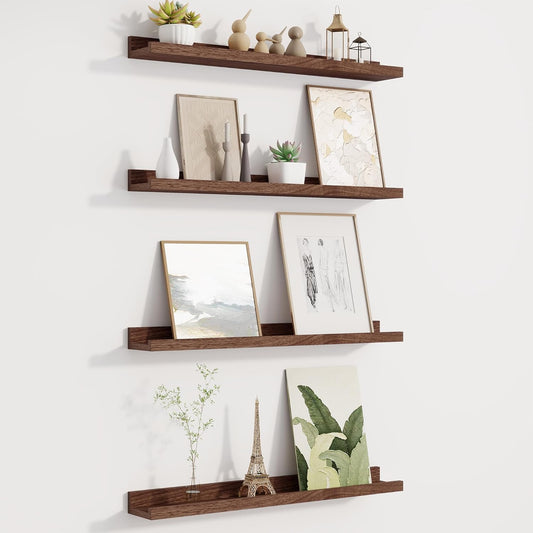 Picture Ledge Shelf for Wall, Floating Shelves Set of 4, 24 Inch Long Nursery Book Shelves for Toys Storage, Kids Bookshelf Wall Mounted for Books Photo Frames, Walnut